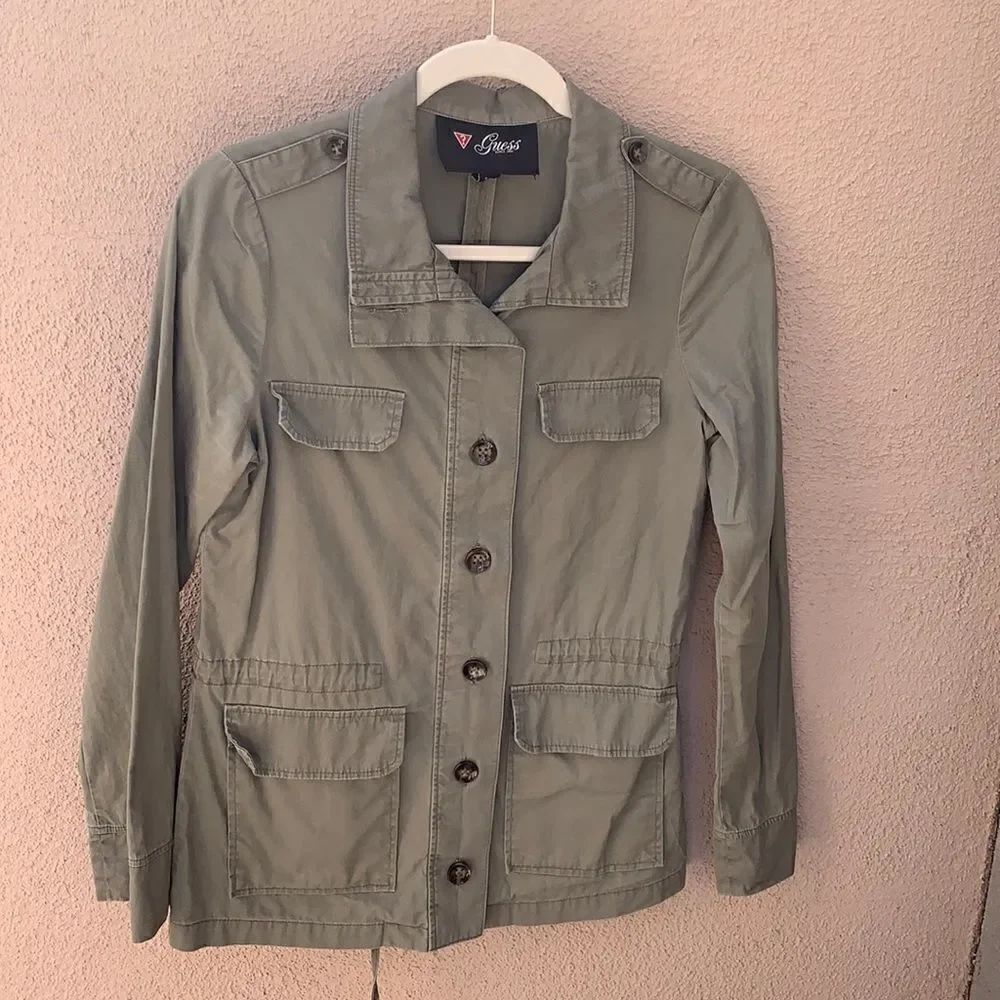 Guess LongΒ Sleeve Military Green Long Sleeve Button βAdjustable Tie WaistβJacket